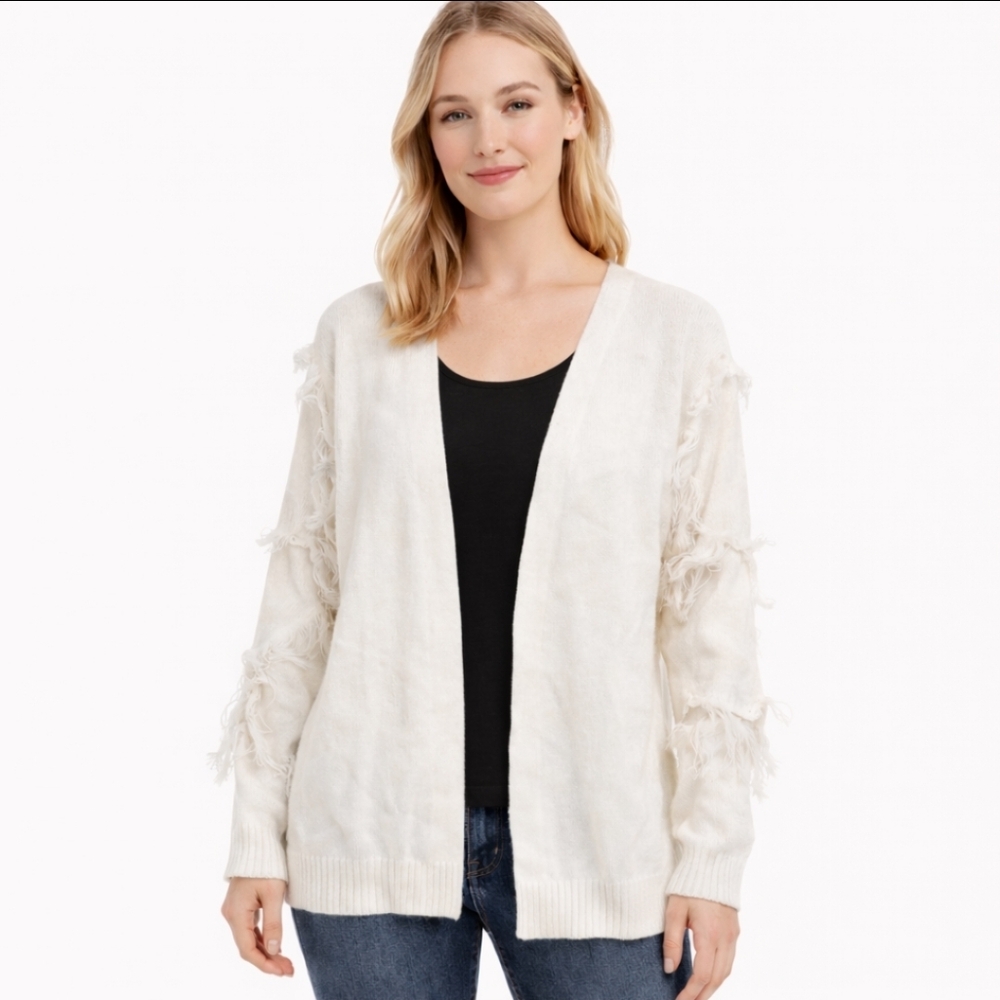 Bibi White Fringe Knit Open Spandex Blend Cardigan Womens Sz Med